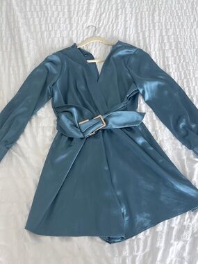 Teal Satin Wrap Romper with Belt